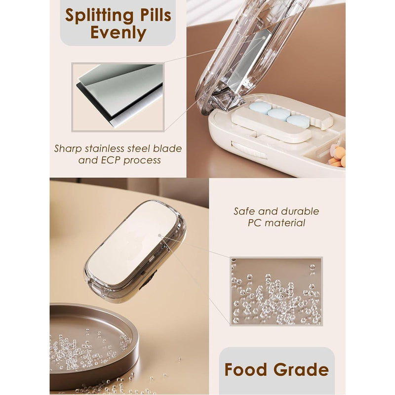 Pill Cutter for Cutting Multiple, 1/2 1/4 Pill Splitter for Large, Small and Tiny Pills, Portable Pills Cutter,Storage Organizer, Accurate Centering Alignment Device (White) White
