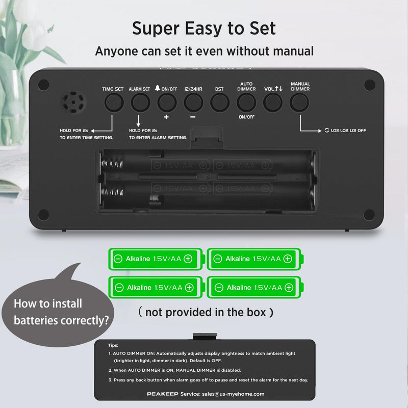 Peakeep Battery Operated Digital Alarm Clock for Bedrooms - Cordless Large Big Numbers 4 Dimmers, Auto Dimming for Seniors, Adjustable Volume Loud Alarm Clock for Heavy Sleepers Adults (Green Digits) Green Digits