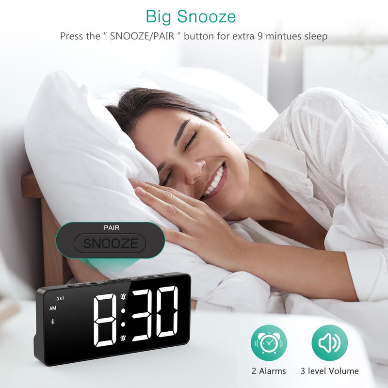 ORIA Digital Alarm Clock, LED Bedroom Clock with Bluetooth Sync Time, Auto Sync Time Alarm Clock, Adjustable Volume Brightness, Snooze, Rechargeable Large Display for Home Living Room