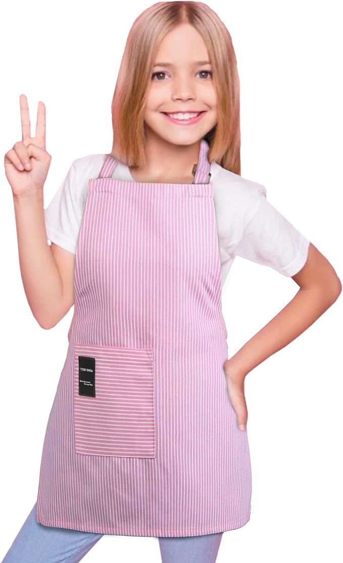 TeddSnow Daily Kids Apron, Toddler Cotton Adjustable Bib Chef Apron with Pocket, For Children Age 2 to 6 years, Boys Girls Red Stripes