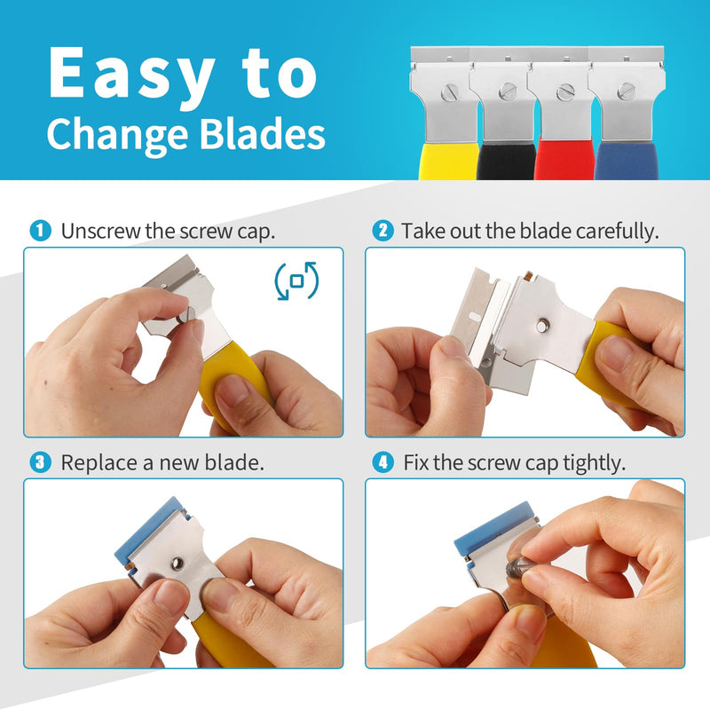 4 Pack Razor Blade Scraper, with 20 Metal & 20 Plastic Blades, Multi-Purpose Cleaning Remover Tool for Glass Caulk, Adhesive, Wall, Stovetop, Paint, Window, Sticker, Tile, Label Decals 4 Pack