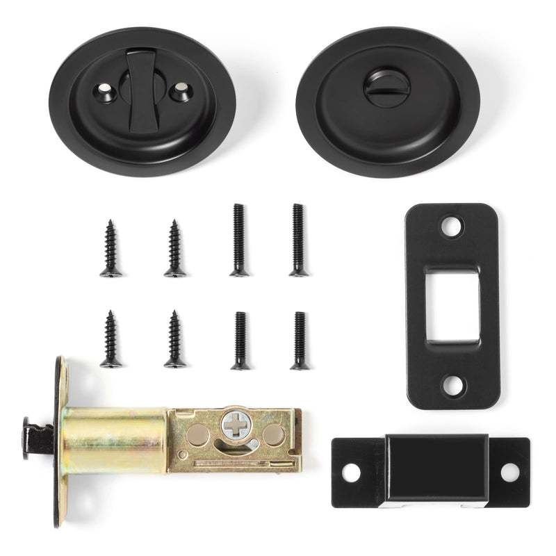Dynasty Hardware Pocket Door Latch, Round Sliding Handle for Bathroom or Bedroom, Locking Passage Pull, Easy Install Pocket Door Hardware, Flat Black Finish, 2-3/8" Backset, Universal Fit