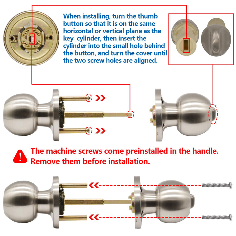 5" Backset Latch Keyed Entry Door Knob with Lock and Key, Standard Square Interface Entrance Ball Doors Knobset Lockset, Satin Nickel