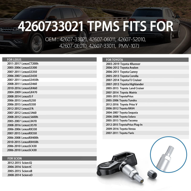 42607-33021 TPMS Tire Pressure Sensor for Toyota Lexus Scion, 315MHz TPS Tire Pressure Monitoring System Sensors Carmy Corolla Highlander Sienna Replacement PMV-107J, 42607-33011, 4 PCS 42607-33021