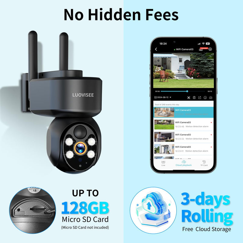 2K Solar Security Camera Wireless Outdoor,WiFi Cameras for Home Security Battery-Powered,Compatible with Alexa,360°PTZ Full Color Night Vision,PLR Alarm,2-Way Audio,Cloud/SD Storage 1PACK