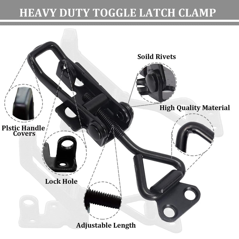 4Pack Toggle Latch Clamp 4003 Style, Heavy Duty Adjustable Toggle Clamp Latch 1320 Lbs Holding Capacity, Quick Release Hasp Clamps, Black Pull Tight Metal Latches for Smoker Door Tool Box Trunk Clamps Black-4pcs