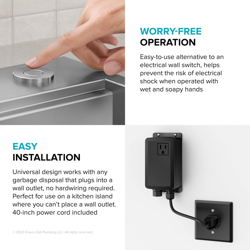 KRAUS Garbage Disposal Air Switch Kit in Spot-Free Stainless Steel with Push Button, AC Adapter, Power Cord, and Air Tube Included, KWDA-200SFS