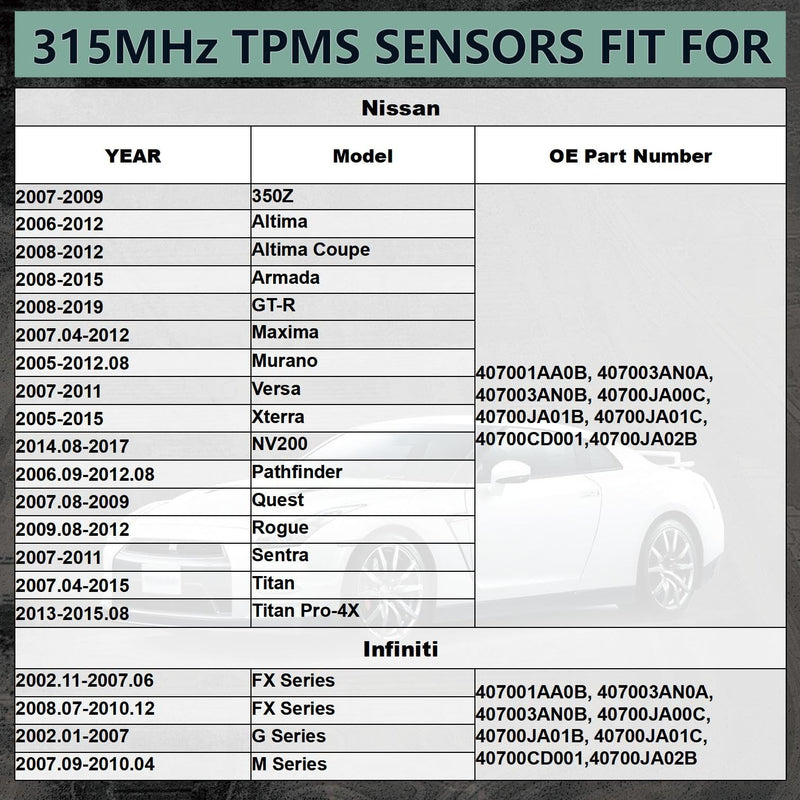 TPMS Tire Pressure Sensors 315MHz Compatible with Nissan 2006-2012 Altima 2008-2015 Armada & Infiniti FX Series G Series Replaces# 40700JA00C 40700JA01B (4 PCS)
