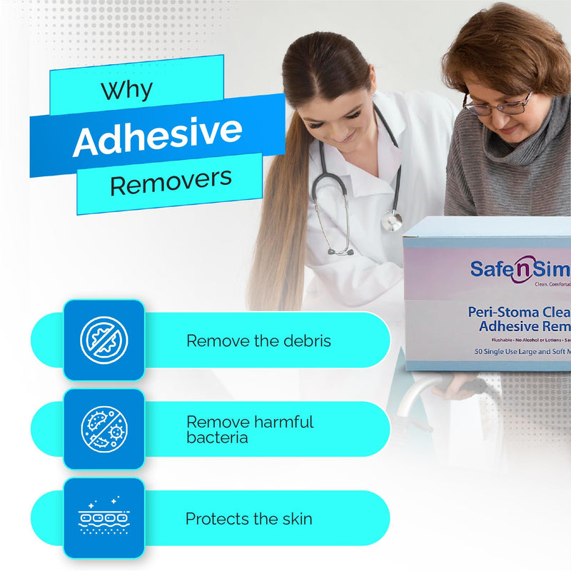 Safe n' Simple Adhesive Remover for Skin - 5"x7" 50 Wipes - Stoma Adhesive Remover Wipes - Alcohol Free Wipes for Sensitive Skin - No Sting Adhesive Remover Wipes 50 Count (Pack of 1) Alcohol-Free