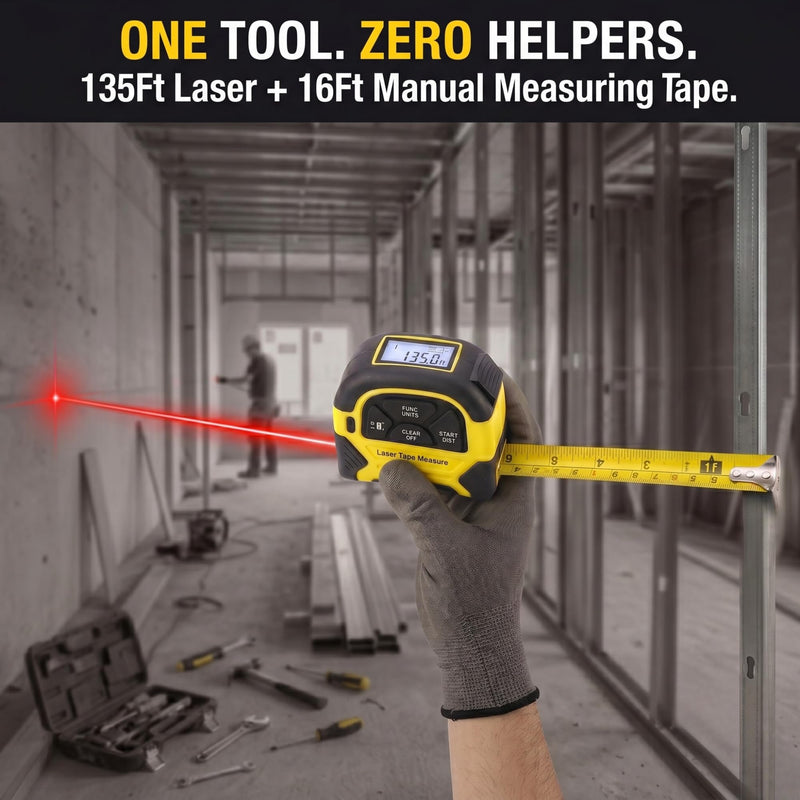 2-in-1 Laser Tape Measure - 130 Ft/40 m Digital Tape Measure & 16 Ft/5 m Measuring Tape Tool with Magnetic Hook, Pythagorean, Area, Volume, LCD Screen for Construction & Woodworker (M/in/Ft Unit)