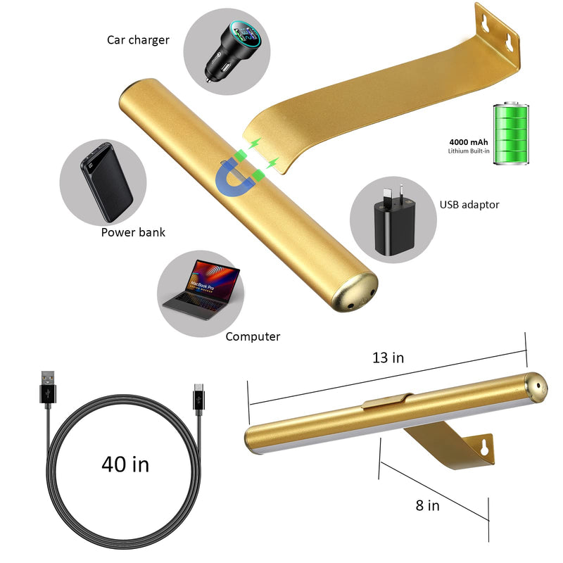 Wireless Picture Light Battery Operated,Rechargeable Painting Light with Remote Control, Metal Art Light Display Lamp,3 Modes,Dimmable Dartboard Light with Timer for Frame Gallery,300LM, Gold 13inch-Gold