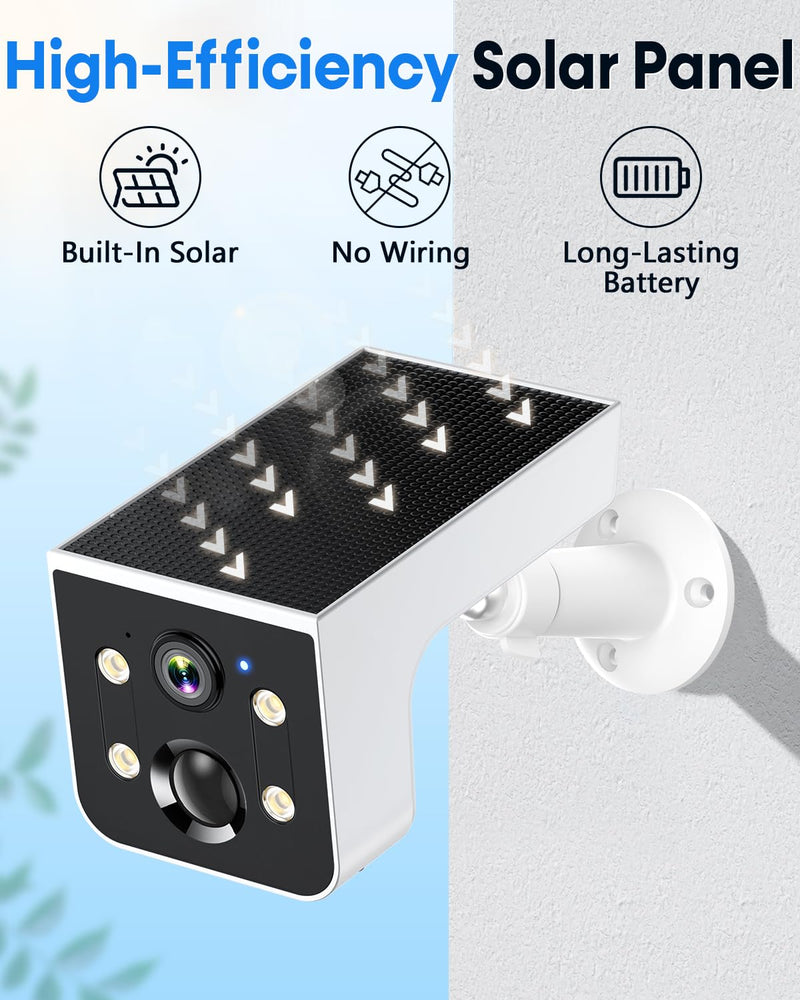 Solar Powered Outdoor Wireless Camera: 2K HD, Motion Detection, Color Night Vision, Waterproof IP67, Easy Setup for Home & Business Monitoring, No Monthly Fees White Single Pack