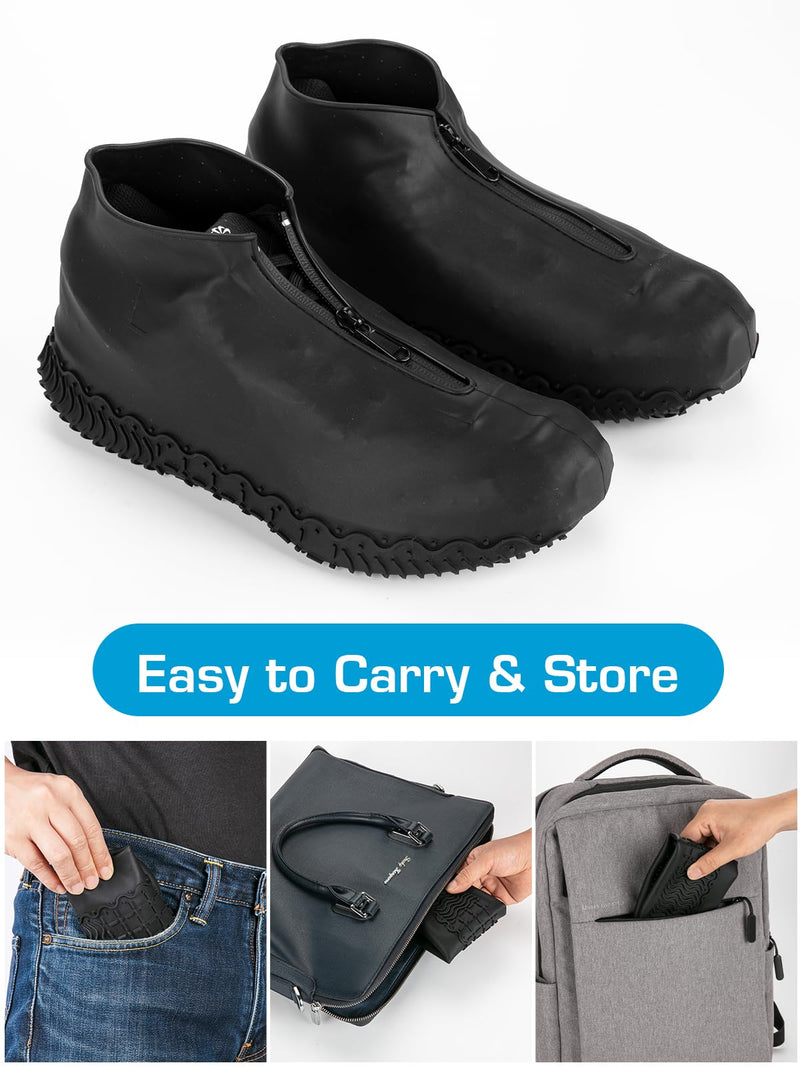 Waterproof Rain Shoe Covers, Silicone Overshoes with Zipper Non-slip Galoshes for Men and Women XL(Women 11-13, Men 9.5-13) Black