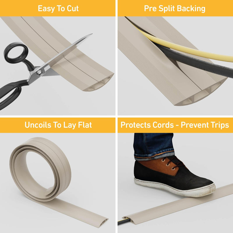 D-Line 6ft Floor Cord Cover, Cable Protector, Hide Extension Cords, Protect Cords, Prevent Cable Trips, Heavy Duty Cord Hider - Cable Cavity = 0.63" (W) x 0.31" (H) - Beige 6 Feet