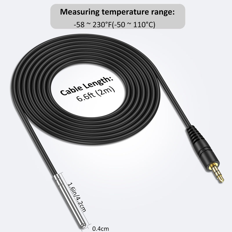 Temperature Sensor Probe NTC 10K/3435, Waterproof 304 Stainless Steel Probe, Food-Grade Sensor, 6.6 Feet Long with 3.5mm Audio Plug