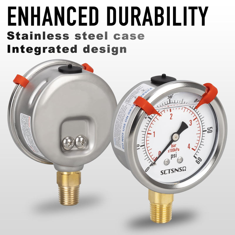0 to 60 Psi Pressure Gauge, Glycerin Liquid Filled, 2.5 inch Dial, 1/4" NPT Lower Mount, Stainless Steel Case, for Pool Sand Filter, Water Pump, Propane, Coolant, CO2, Gas, Low Pressure Test 0-60 Psi