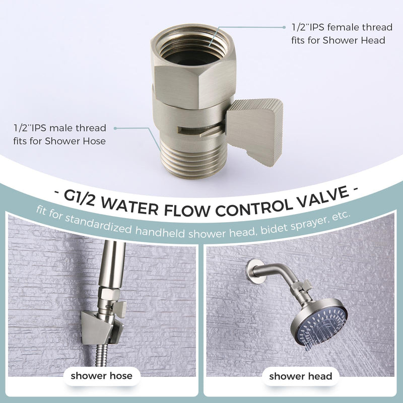 Shower Head Shut off Valve, Brass Water Flow Restrictor with Lever Handle, Brushed Nickel