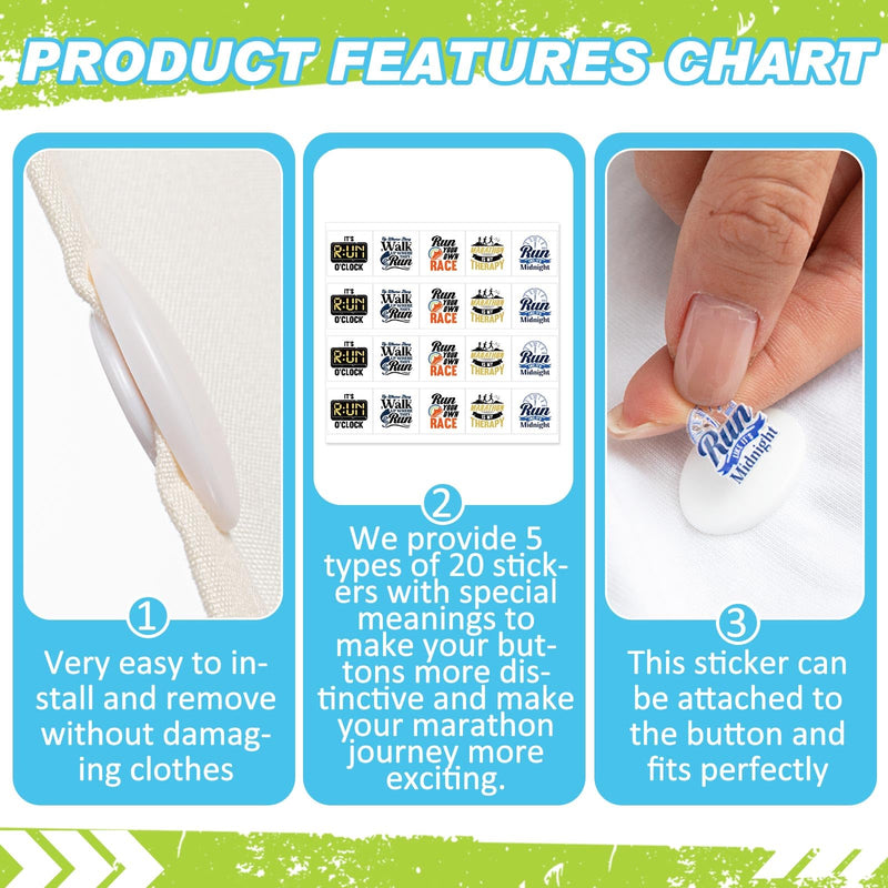 20 Pcs Running Bib Clips with 20 DIY Stickers Bib Snaps for Runners Number Buckle Fixing Safety Lock Race Clips Marathon Number Holder Triathlon Race Bib Holder for Field Event (Sporty) Sporty