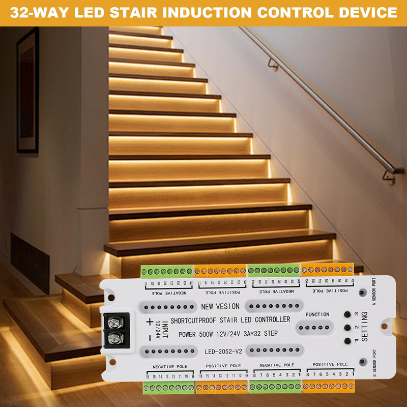 32 Channel Motion Sensor LED Stair Controller Automatic Staircase Lighting Controller Short Circuit Proof Stairway Step Light Controller Adjustable Brightness for Indoor Under Stair Lighting