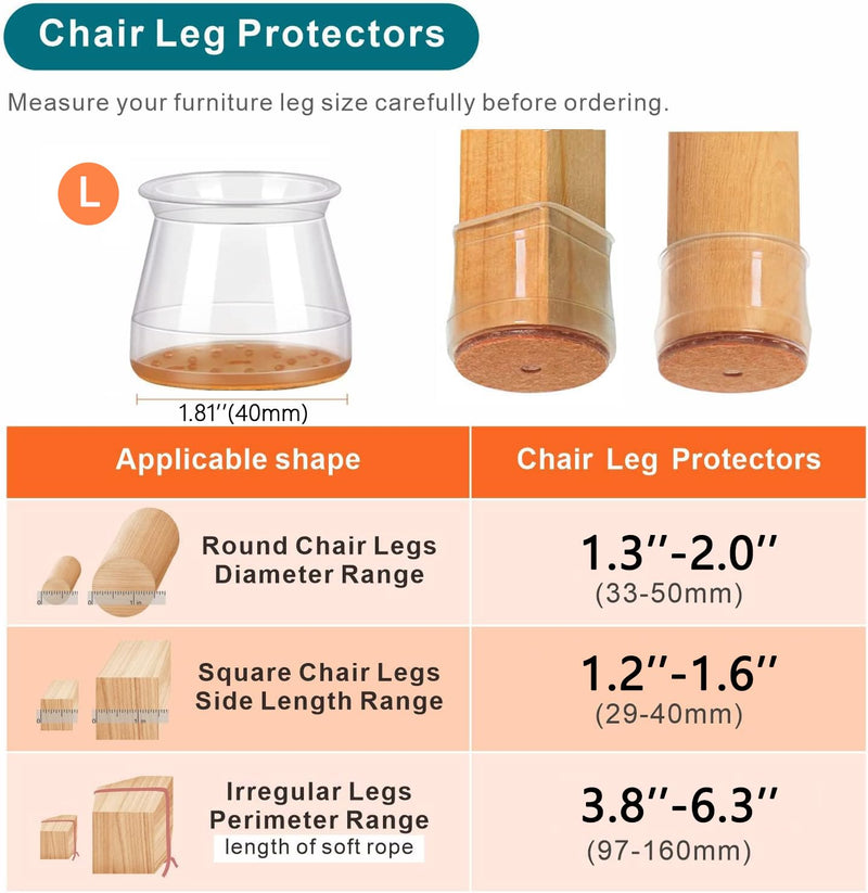 Ansible 24 Pcs Chair Leg Floor Protectors, Silicone Felt Furniture Leg Pads Caps Covers for Hardwood Floors (fit:1.3''-2'') Universal L(Fit:1.3''-2'') Clear-24pcs