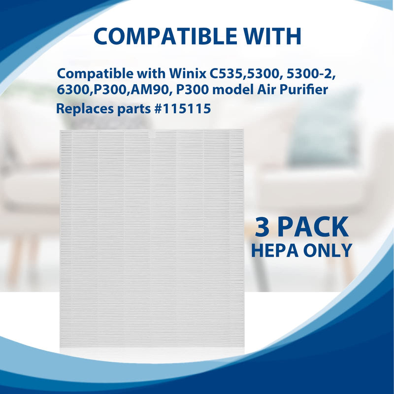 115115 Size 21 Replacement Filter A Compatible with Winix C535 C909, Winix PlasmaWave 5300, 6300, 5300-2, 6300-2, P300 Plasma wave Air Cleaner Purifier, True HEPA Filter Only 3 Pack 1