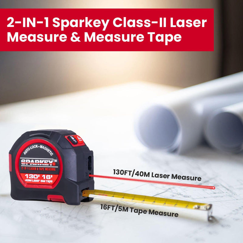 SPARKEY 2-in-1 Laser Tape Measure, 130Ft Laser Distance Measurement, Area/Volume & 16Ft Tape Measuring, Magnetic Hook, USB Rechargeable, Auto Lock, M/Ft/in/Ft+in, LCD Display. 0.5 m Laser Tape Measure 2 in 1