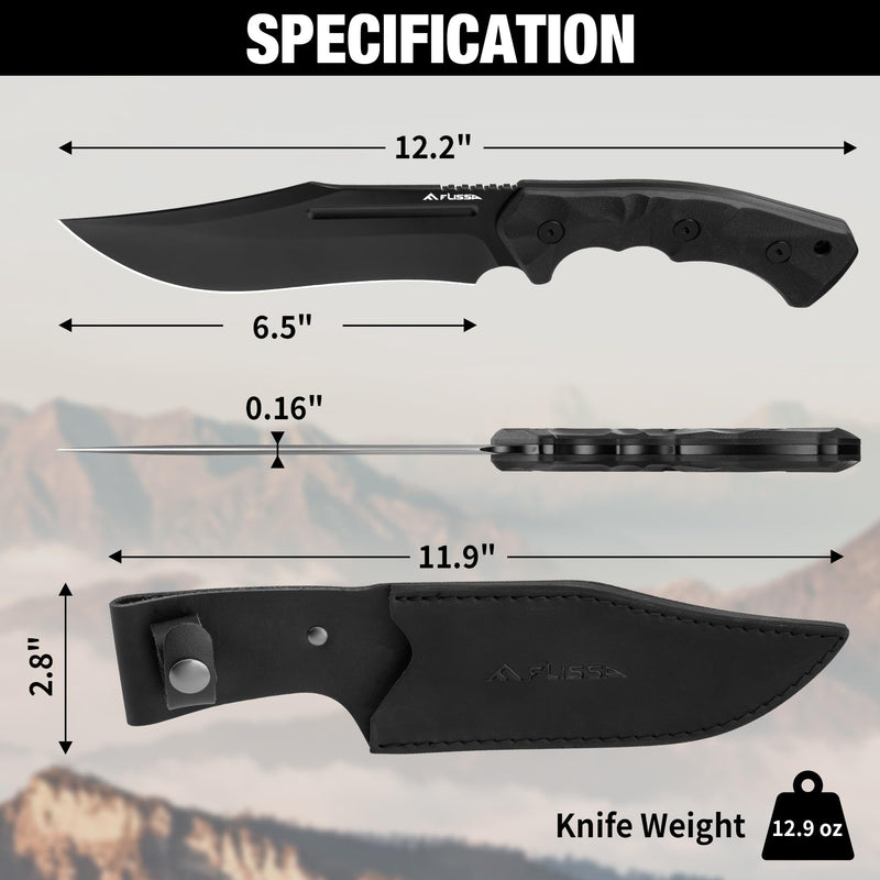 FLISSA 12.2-Inch Fixed Blade Bowie Knife with Leather Sheath, 14C28N Steel Full Tang Blade, G10 Handle for Outdoor Hiking, Camping, Hunting, Survival, Gift for Men Women