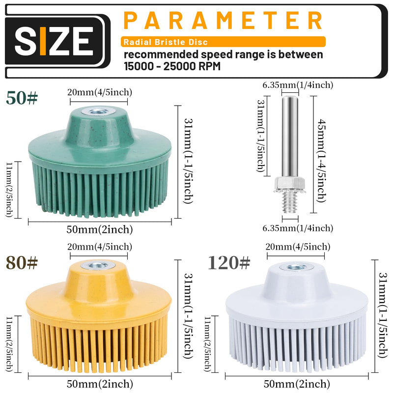 2 Inch Bristle Disc, 3 Pieces Bristle Disc Grade - 120# 80# 50# Grit Abrasive Coating Removal Disc for Metal with 1/4 Inch Shank Attachment