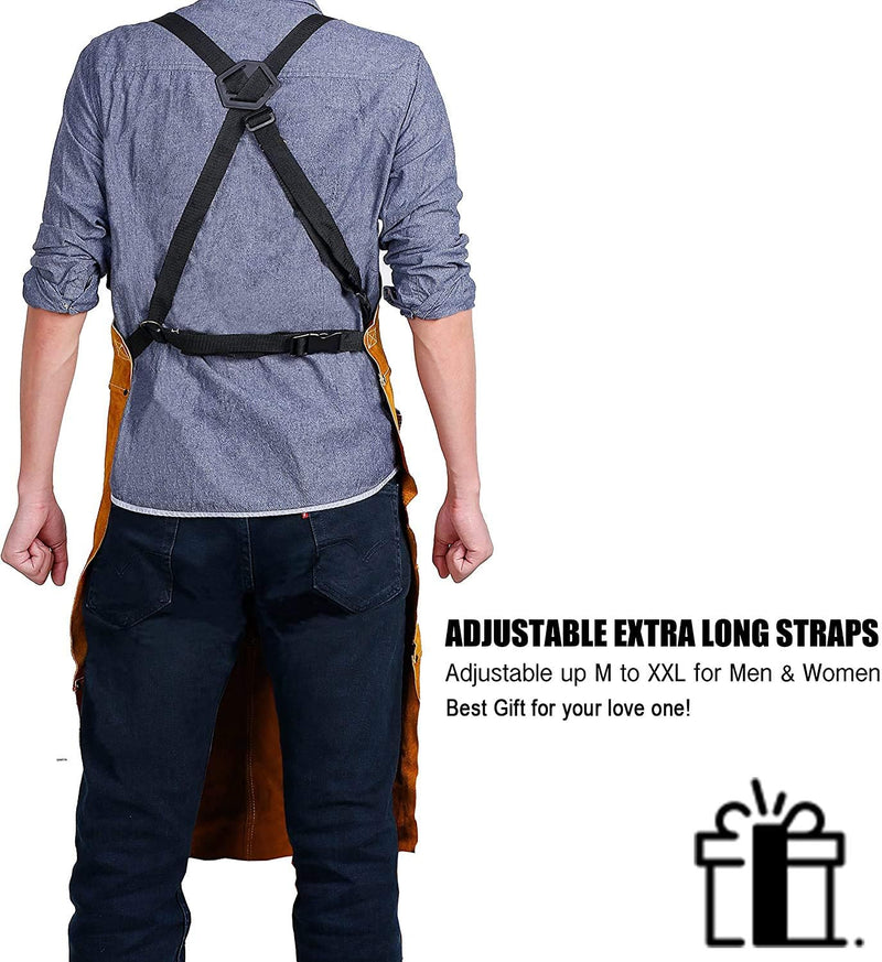 QeeLink Leather Welding Work Apron with 6 Tool Pockets, Heat & Flame Resistant Apron, 24" x 36", Adjustable M to XXXL Brown
