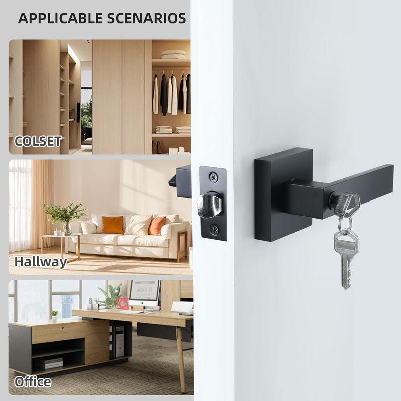 JO.KO Entry Door Lock Set, Square Door Lever for Bedroom, Passage Door Privacy Locking Interior/Exterior Entry Door Knob/Heavy Duty 2 Pack Matte Black