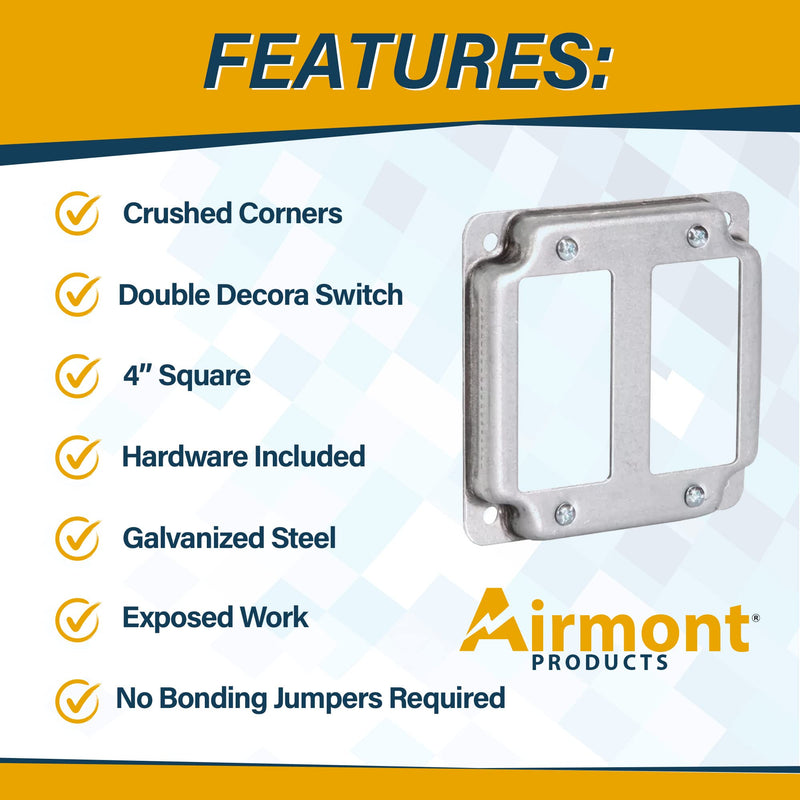 AP-12094, 4" Square Double Decora Switch Electrical Box Cover, 1/2" Raised, Exposed Work, Galvanized Steel, Crushed Corners, 2-Gang 2-Gang Decora Switch