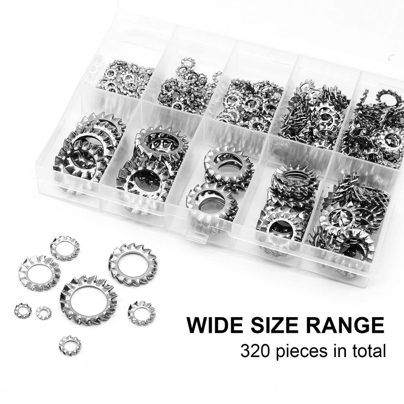 QTEATAK 320Pcs Stainless External Multi-Tooth Star Lock Washers Assortment Set-304 Stainless Steel, 8 Size (M2.5 M3 M4 M5 M6 M8 M10 M12) - NewNest Australia