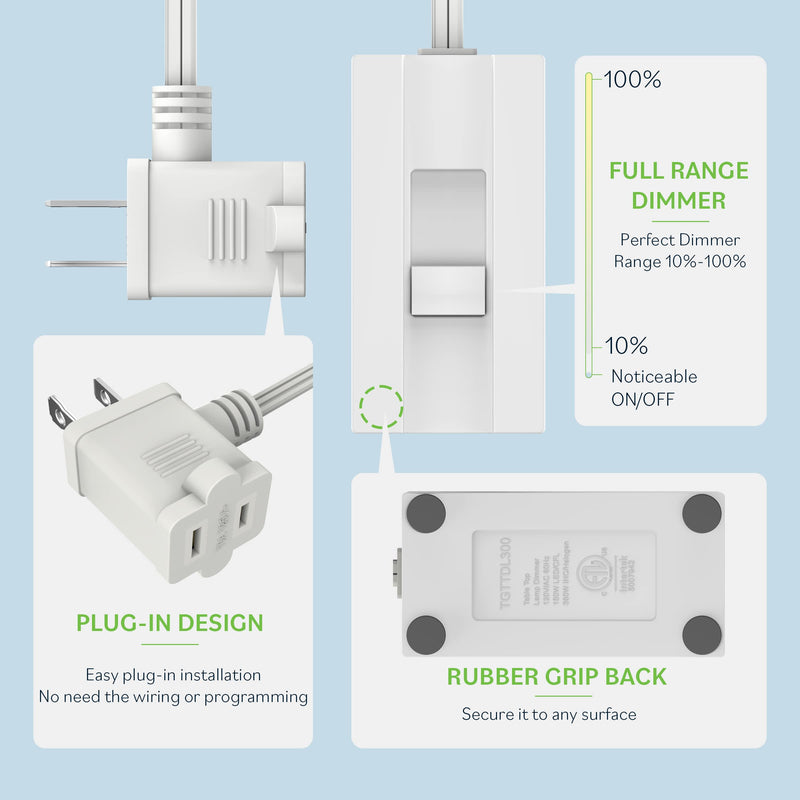 TOPGREENER Table-Top Plug in Dimmer for Table or Floor Lamps, Slide Control, Works with 360 Watt Incandescent/Halogen and 150 Watt Dimmable CFL/LED, Off at Lowest dim, 6ft Cord, TGTTDL300-W, White 1 Pack
