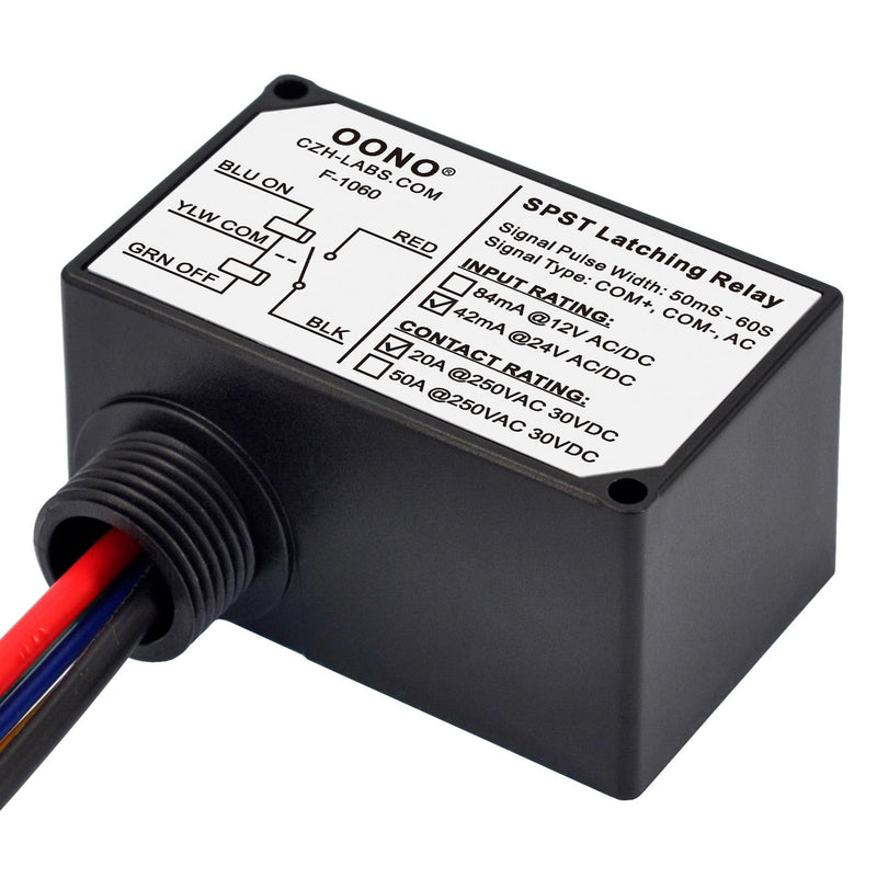 AC/DC 24V SPST 20Amp 250Vac/30Vdc Latching Relay Module, Plastic Enclosure Wired, OONO F-1060 AC/DC 24V