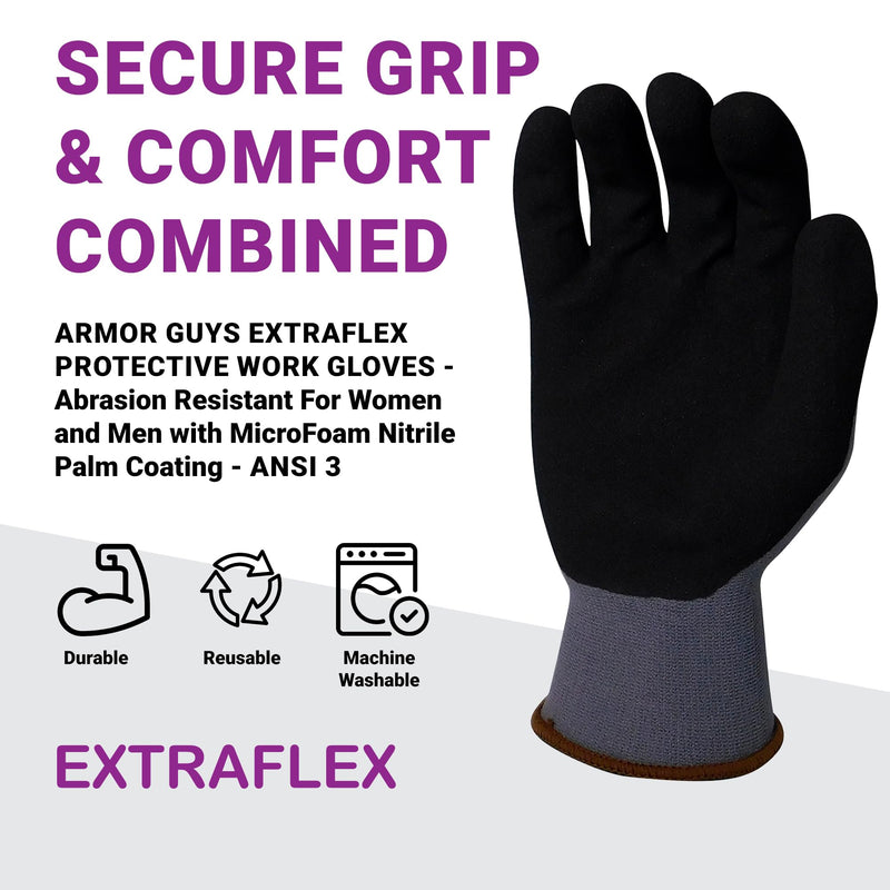 Armor Guys Extraflex Protective Work Gloves - Abrasion Resistant For Women and Men with MicroFoam Nitrile Palm Coating - ANSI 3, L, 12 Pairs 12 Pairs (Large)