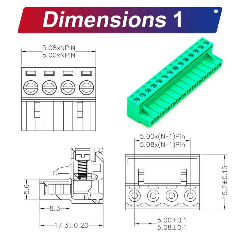 Tcenofoxy 5.08mm Male & Female 2/3/4/5/6/7/8/9/10/11/12/13/14/15/16/18/20/24 Pin Phoenix Connector No Soldering Green PCB Screw Terminal Block Connector (1Set 5.08MF-14Pin) 5.08MM-14P-1Set