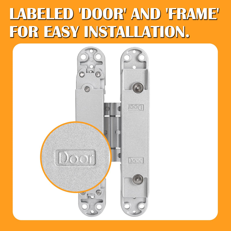 HBL' 2 Pack Hidden Door Hinges, 6 Inch Silver Heavy Duty Hidden Hinges for Secret Doors, 3-Way Adjustable to Bulid Conceal Bookcase Door 6" Length