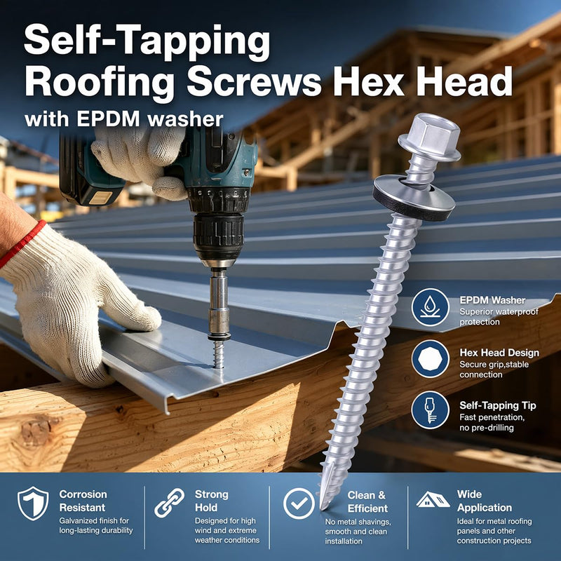150Pcs Metal Roofing Screws #10x3 Waterproof Screws for Roof Repair | Silver Hex self-Tapping Screws EPDM Waterproof Screw Galvanized Anti-Rust Metal to Wood Siding Screw Hex Socket Included #10x3" 150