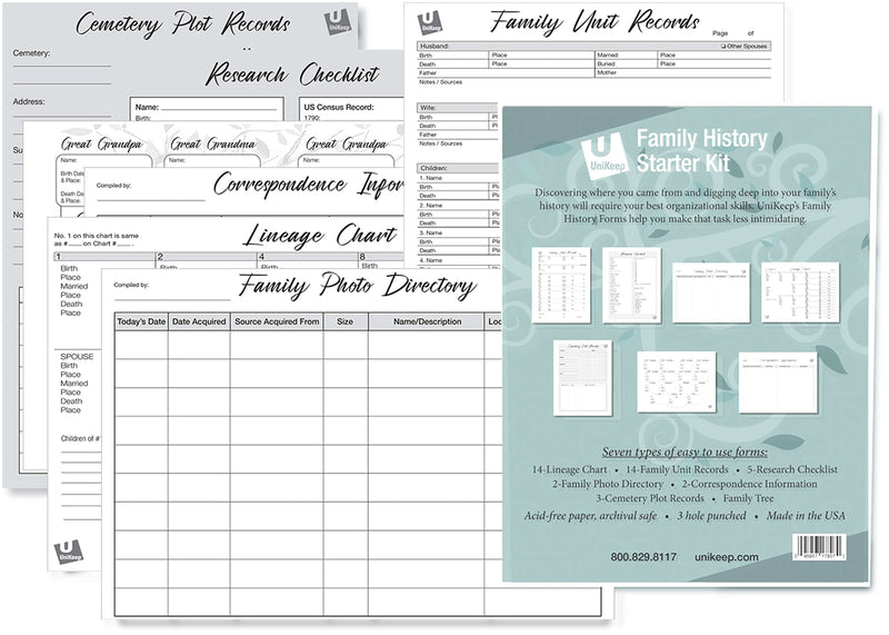 UniKeep Pedigree Charts for Genalogy Reasearch - Archival Quality Paper (Starter Kit) Starter Kit