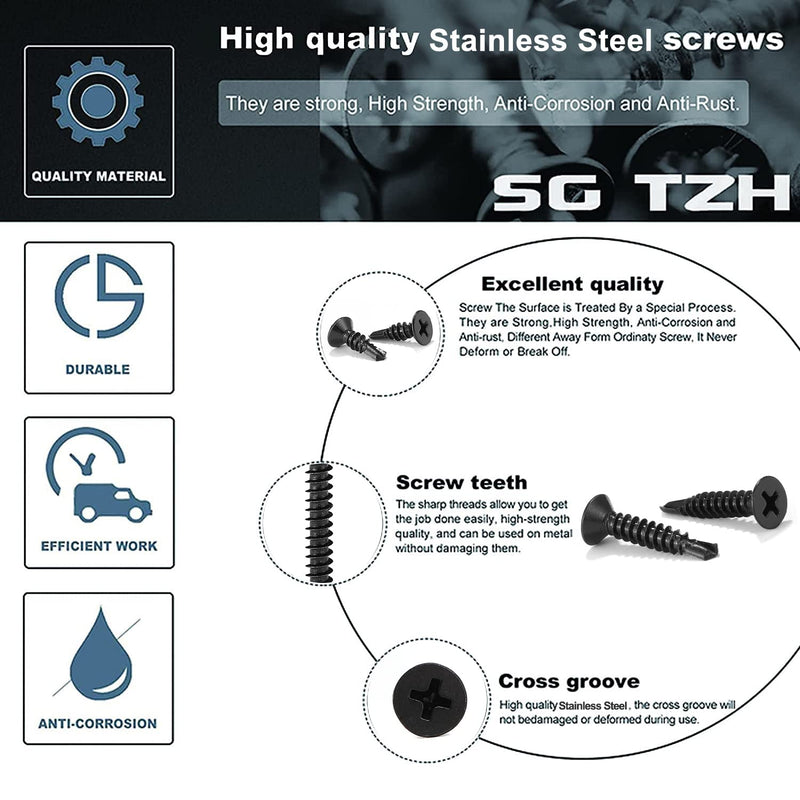 #8 x 1" Sheet Metal Screws 100Pcs 410 Stainless Steel Flat Head Fast Self Tapping Screws Black Oxide by SG TZH #8 x 1"