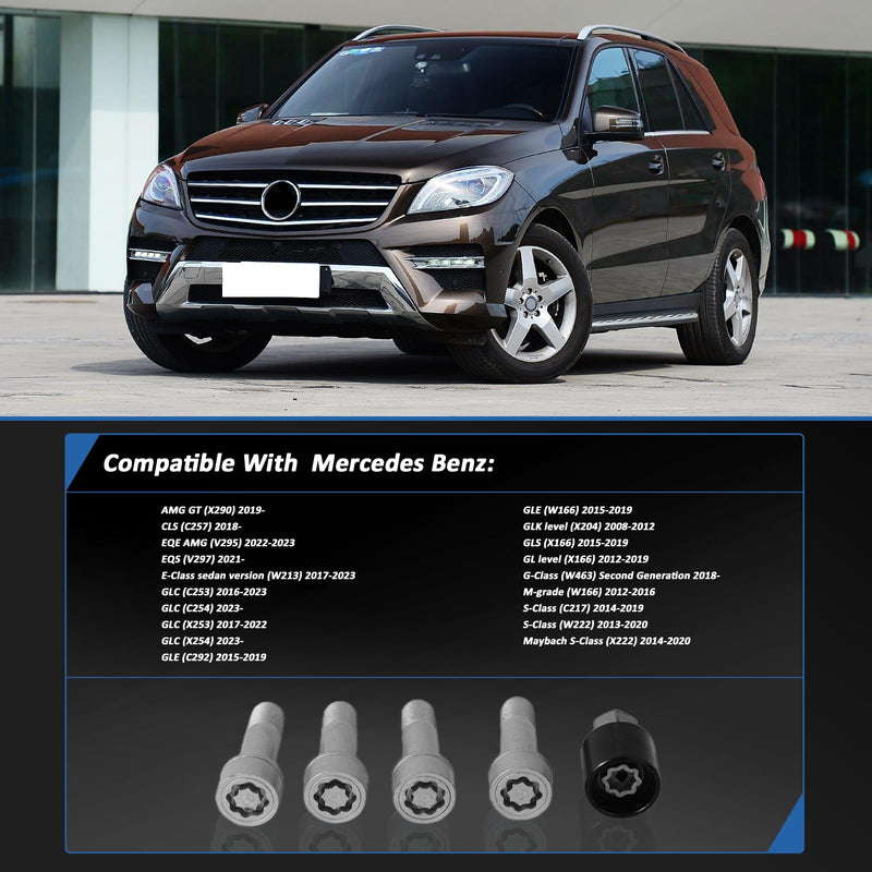 MUNIK 5-Piece Wheel Lock Bolt Set with Key Adapter for Mercedes-Benz AMG C300 E300 E350 S400 S450 GLC300 S500 CLS450 ML300 ML320 ML350 ML400 C43 C63 GLC43 S63 S65 Peat# 0019901707