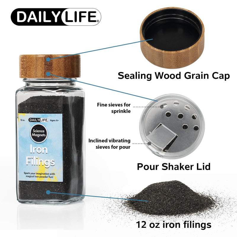 DAILYLIFE Magnetic Sand Iron Filings for Science, 12 Ounces of Iron Powder in Glass Bottles with Shaker Holes and Lid, 1 Pack Iron Oxide Powder for Education and School Projects, Metal Powder 12 oz(w/glass shaker)