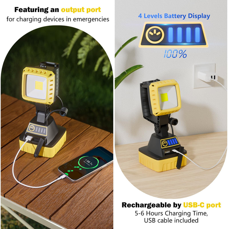 Rechargeable LED Work Light 6000 Lumen, 3 Modes Rotate Spotlight Flashlight, Magnetic Base and Hook Mechanic Light, Waterproof Handheld Spot Light Searchlight for Outdoor, Repairing, Emergency