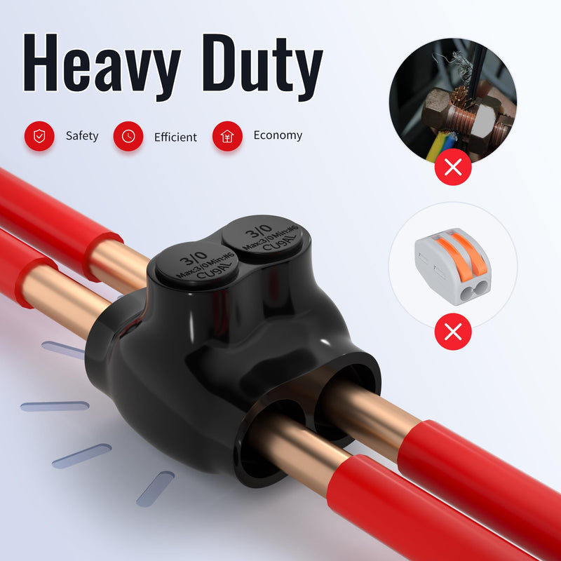 Insulated Multi Tap Connector 3/0-6 AWG 2 Port Aluminum Wire Connector Black Electrical Cable Connectors Dual Entry 7/32" Allen Hex - 6 Pack Dual Entry 2 Port 3/0-6 AWG
