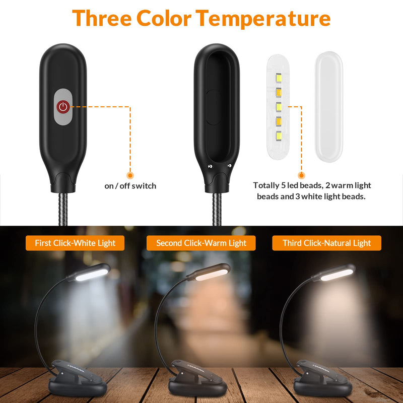 LEPOWER Clip on Book Light/Reading Light/Clip Light with 5 LED Eye Care, 3 Color Changeable, Portable Reading Lamp, Battery & USB Operated, Bed Light for Kids, Bookworms, Students(Black) Black