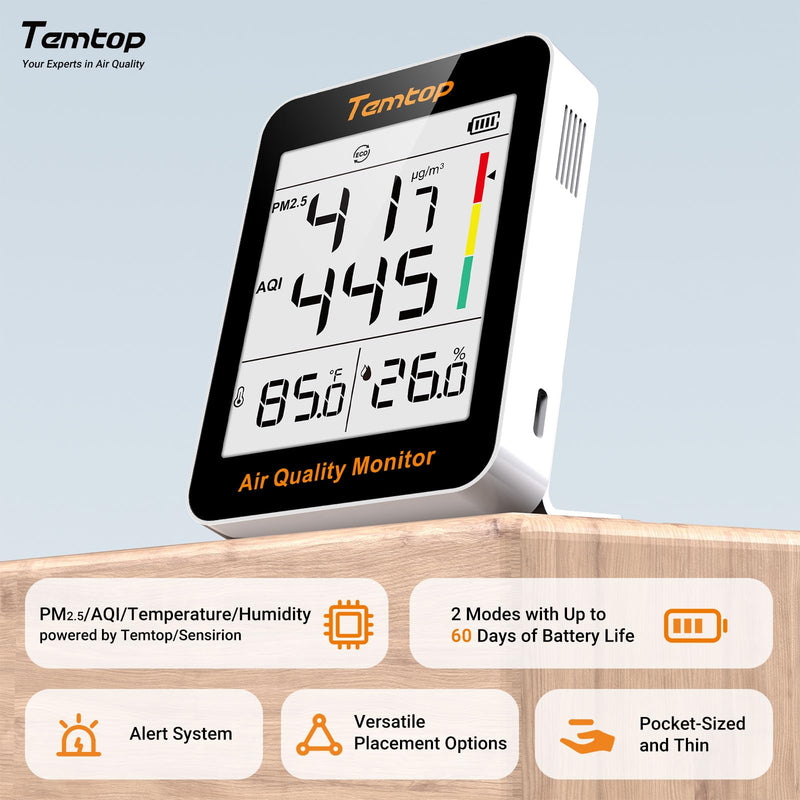 Temtop Air Quality Monitor Indoor Thermo-Hygrometer - PM2.5, AQI, Temperature, and Humidity Meter for Home, Office, or School, Air Quality Measurement, 60-Day Battery Life 2 Modes/Extended Standby 1 - NewNest Australia