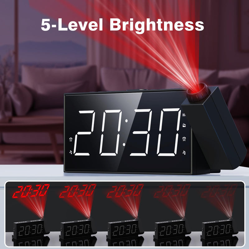 Mesqool Projection Alarm Clock with FM Radio,Large Number Display & Dimmer,USB Charger,Sleep Timer,Battery Backup,Dual Alarms,Clock Radio for Bedroom Heavy Sleepers White Digits