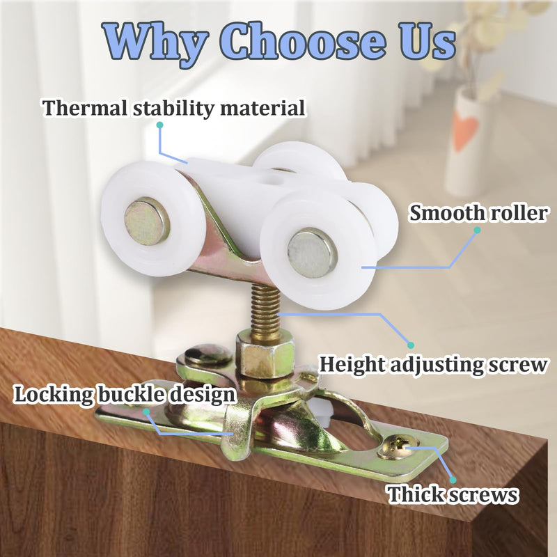 4Pcs Sliding Pocket Door Rollers Assembly for Johnson Part Hardware Kit, Sliding Door Wheels Replacement Part with Top Hanger for Bypass, Closet Doors