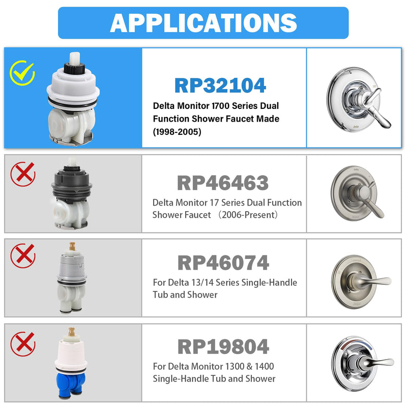 RP32104 Shower Cartridge Replacement for Delta Monitor 1700 Series (1998-2005), Dual-Function Pressure Balance Shower Valve Cartridge Assembly, White Cap, Fits MultiChoice Faucets RP32104 Cartridge