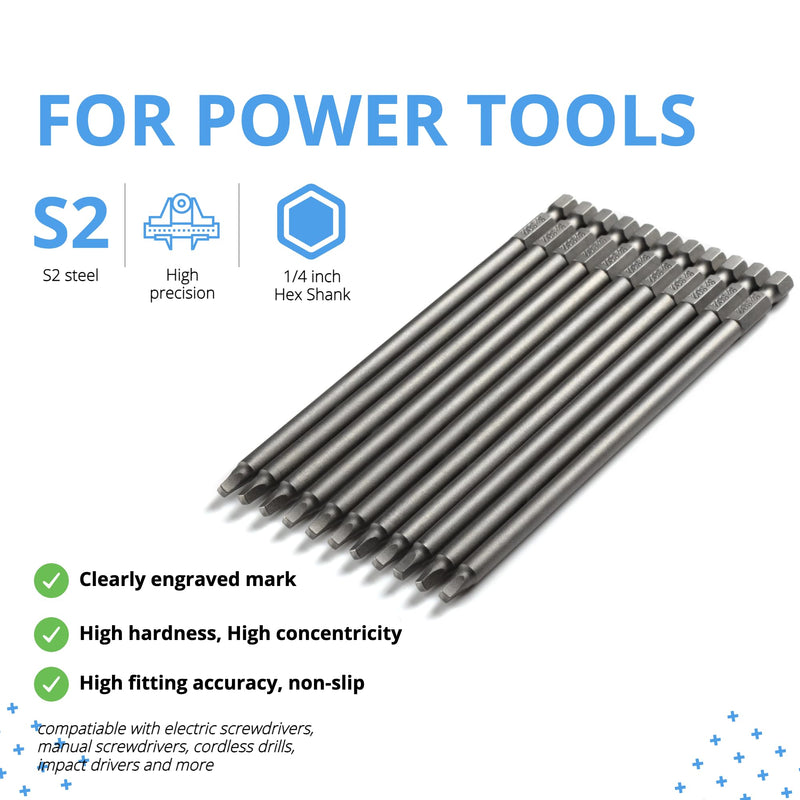 Square Head Screwdriver Bit Set 10PCS SQ2 1/4 Inch Hex Shank 6 Inch/150 mm S2 Steel with Magnetic for Power Screwdriver Drill Impact Driver 10 SQ / 6 inch